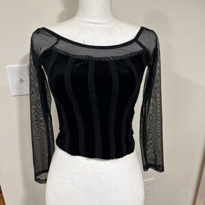 Forever 21  Black Velvet Panel Mesh Sleeve Bodysuit